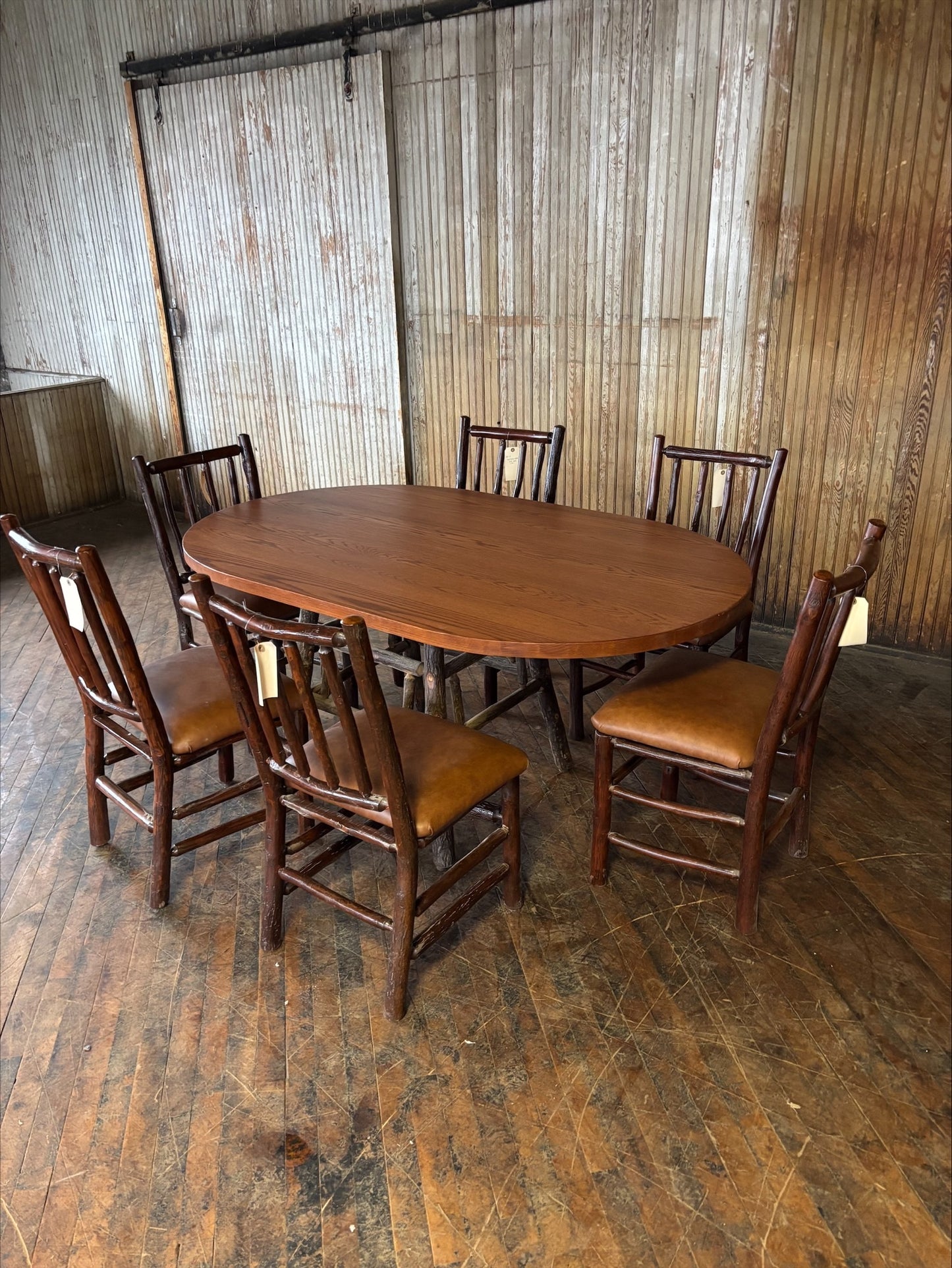 Oak Dining Table and 6 Leather Chair Set - FREE SHIPPING