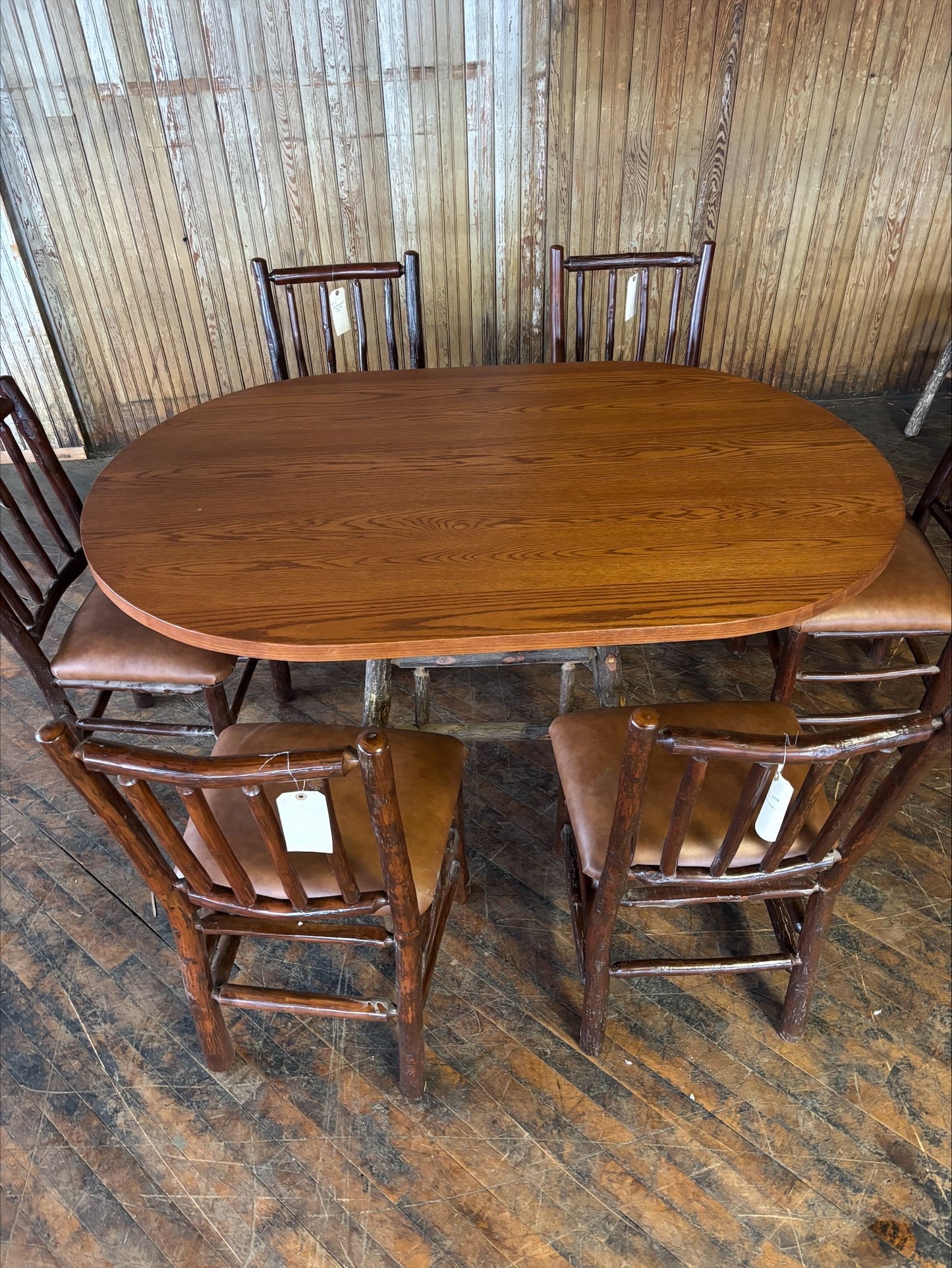 Oak Dining Table and 6 Leather Chair Set - FREE SHIPPING